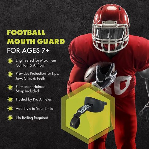 DAMAGE CONTROL Mouthguard with Permanent Helmet Strap, Youth Mouth Guard to Protect Lips & Teeth, No Boiling Pacifier, Breathable Binky Mouthpiece, Football Mouthpiece, Works with Braces (Black) in Kuwait