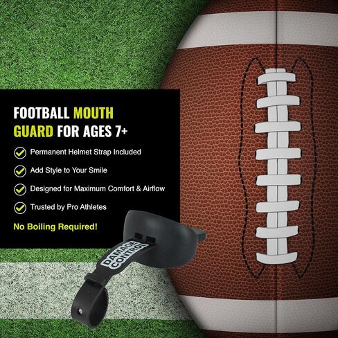 DAMAGE CONTROL Mouthguard with Permanent Helmet Strap, Youth Mouth Guard to Protect Lips & Teeth, No Boiling Pacifier, Breathable Binky Mouthpiece, Football Mouthpiece, Works with Braces (Black) in Kuwait