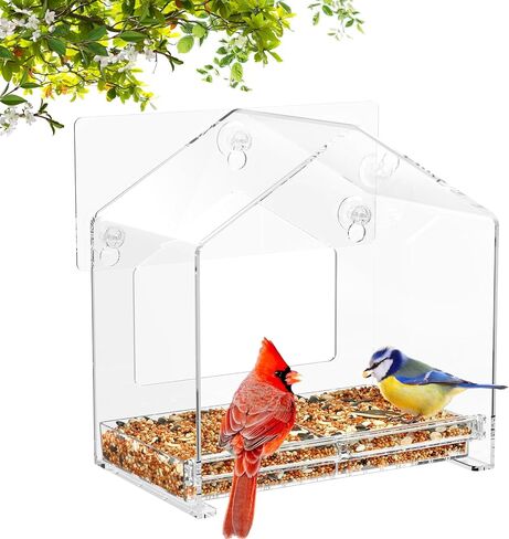 Window Bird Feeder, Clear Birdfeeder for Window Larger Viewing, Squirrel-Proof Bird Watching with Strong Suction Cup and Self-Adhesive, Large Food Storage Design in Saudi Arabia