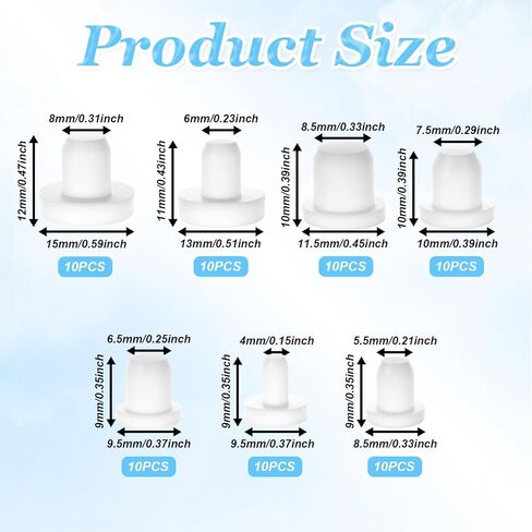 70 Pcs Silicone Rubber Hole Plug, 7 Sizes Round Rubber Button Hole End Covers, Silicone Plugs, White High Temp T-Type Holes Plugs, Soft Flexible Stopper, Waterproof & Sealing in Saudi Arabia
