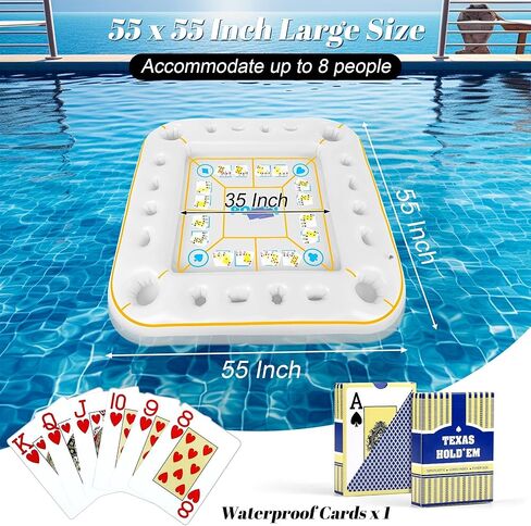 Elcoho 55 × 55 بوصة كبيرة كبيرة من ألعاب قابلة للنفخ مع أوراق اللعب المقاومة للماء العائمة طاولة البلياردو حامل مشروب قابلة للتنفاث الجلي in Saudi Arabia
