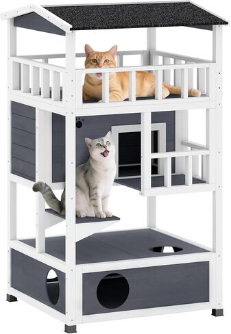 Pawhut Wooden Outdoor Cat House ، شقة شقة قطة صغيرة مع سقف إسفلت ، أبواب الهروب ، الشقة ، منصة القفز ، الأصفر in Kuwait