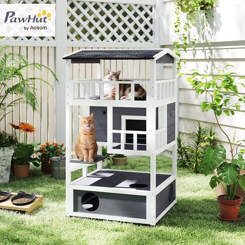 Pawhut Wooden Outdoor Cat House ، شقة شقة قطة صغيرة مع سقف إسفلت ، أبواب الهروب ، الشقة ، منصة القفز ، الأصفر in Kuwait