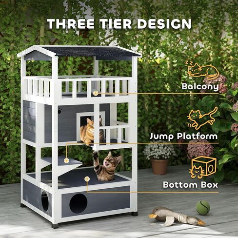 Pawhut Wooden Outdoor Cat House ، شقة شقة قطة صغيرة مع سقف إسفلت ، أبواب الهروب ، الشقة ، منصة القفز ، الأصفر in Kuwait