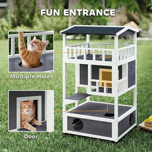 Pawhut Wooden Outdoor Cat House ، شقة شقة قطة صغيرة مع سقف إسفلت ، أبواب الهروب ، الشقة ، منصة القفز ، الأصفر in Kuwait