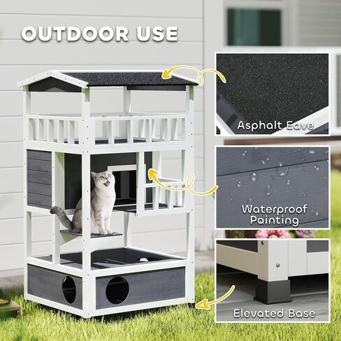 Pawhut Wooden Outdoor Cat House ، شقة شقة قطة صغيرة مع سقف إسفلت ، أبواب الهروب ، الشقة ، منصة القفز ، الأصفر in Kuwait