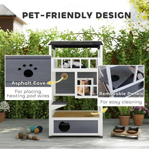 Pawhut Wooden Outdoor Cat House ، شقة شقة قطة صغيرة مع سقف إسفلت ، أبواب الهروب ، الشقة ، منصة القفز ، الأصفر in Kuwait