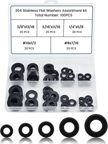 100 PCS 5 Sister Washers Kit ، أسود 304 غسالات مسطحة مقاوم للصدأ للبراغي والبراغي ، مجموعة غسالات معدنية للاستخدام المنزلي والصناعي (#8#10 1/4 5/16 3/8) in Kuwait