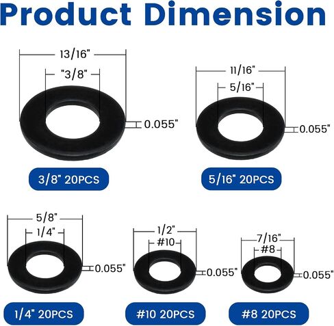 100 PCS 5 Sister Washers Kit ، أسود 304 غسالات مسطحة مقاوم للصدأ للبراغي والبراغي ، مجموعة غسالات معدنية للاستخدام المنزلي والصناعي (#8#10 1/4 5/16 3/8) in Kuwait