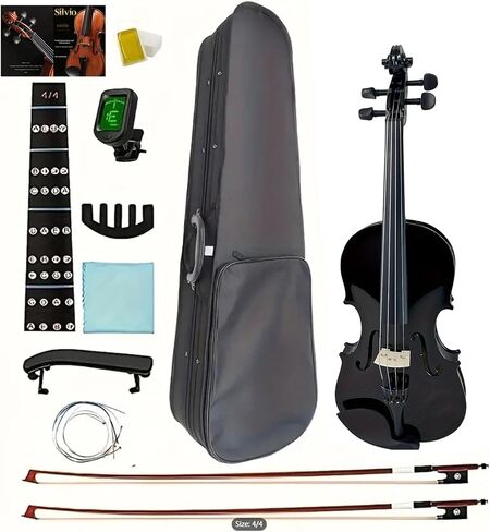 Silvio 4/4 الكمان الأسود الصوتي - الحجم الكامل ، للمبتدئين ، يشمل حالة ، موالف ، روزن ، راحة الكتف ، أقواس 2 ، سلاسل احتياطية ، كتم - أسود - مناسب للبالغين والمبتدئين in Kuwait