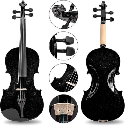 Silvio 4/4 الكمان الأسود الصوتي - الحجم الكامل ، للمبتدئين ، يشمل حالة ، موالف ، روزن ، راحة الكتف ، أقواس 2 ، سلاسل احتياطية ، كتم - أسود - مناسب للبالغين والمبتدئين in Kuwait