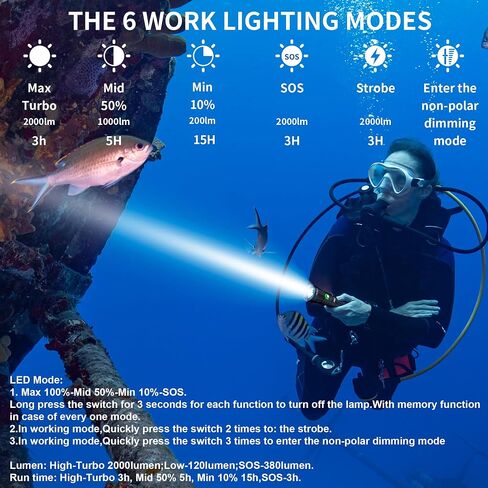 Dive Light Scuba Diving Flashlight Dive Torch Rechargeable,3500Lumens 6 Modes Underwater Light,IPX8 Waterproof Flashlight, Safety Dive Lights with Power Indicator for Night Diving in Saudi Arabia