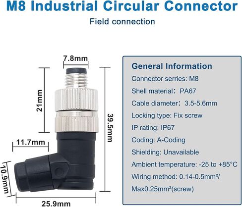 M8 4 Pin Male Male Socket Panel Connector ، موصل مستشعر دائري صناعي 8 ملم ، IP67 في الهواء الطلق IP67 A CODING 2 PCS الزاوية اليمنى in Kuwait