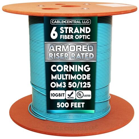 Armored 12 Strand Indoor Fiber Optic Distribution Cable, 10Gbit, OM3 50/125 Multimode, Corning Optical Fiber, Riser Rated, Aqua, Spool, 500 Feet in Kuwait