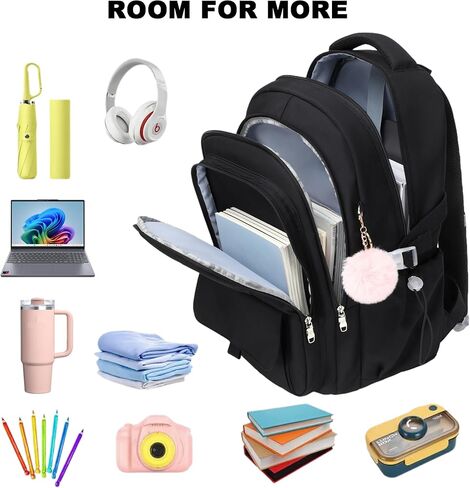 School Bag for Teens Girls,Girls Backpack Set,3 PCS Kids Backpack for Women,15.6 Inch Laptop Middle High School College Student Casual Travel Daypack with Lunch Box Pencil Pouch Set(Black) in Kuwait