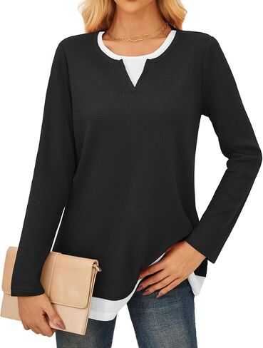 GRACE KARIN Women's Long Sleeve Waffle Knit Shirts Casual Crew Neck Color Block Tops 2025 Fall Basic Tee Blouse in Saudi Arabia