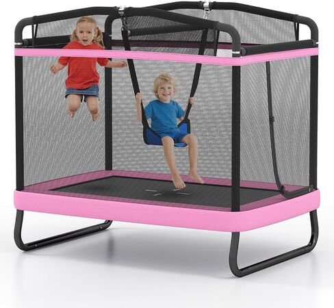 Gymax Trampoline للأطفال ، 70 "صغارًا مع أرجوحة قابلة للانفصال ، شريط أفقي وشبكة العلبة الشاملة ، ASTM Rectangle Kids Trampoline للداخلية/الخارجية in Saudi Arabia