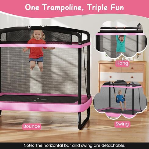 Gymax Trampoline للأطفال ، 70 "صغارًا مع أرجوحة قابلة للانفصال ، شريط أفقي وشبكة العلبة الشاملة ، ASTM Rectangle Kids Trampoline للداخلية/الخارجية in Saudi Arabia