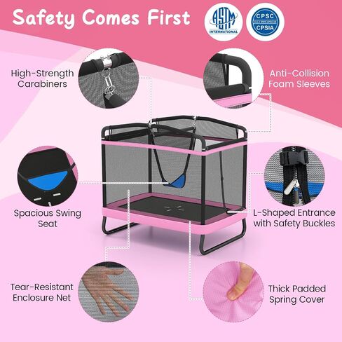 Gymax Trampoline للأطفال ، 70 "صغارًا مع أرجوحة قابلة للانفصال ، شريط أفقي وشبكة العلبة الشاملة ، ASTM Rectangle Kids Trampoline للداخلية/الخارجية in Saudi Arabia