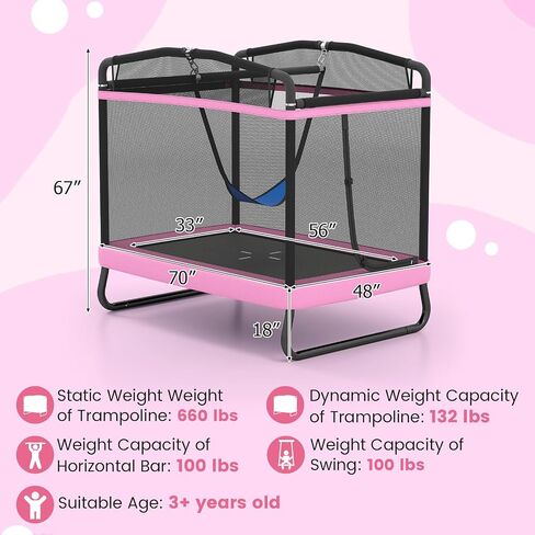 Gymax Trampoline للأطفال ، 70 "صغارًا مع أرجوحة قابلة للانفصال ، شريط أفقي وشبكة العلبة الشاملة ، ASTM Rectangle Kids Trampoline للداخلية/الخارجية in Saudi Arabia