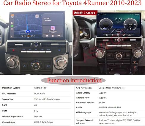 13.1 Inch Car Radio Stereo for Toyota 4Runner 2010-2023 Android GPS Navigation IPS Screen Support Wireless Carplay & Android Auto WiFi DSP 4G Audio Multimedia Player Touch Screen Head Unit in Saudi Arabia
