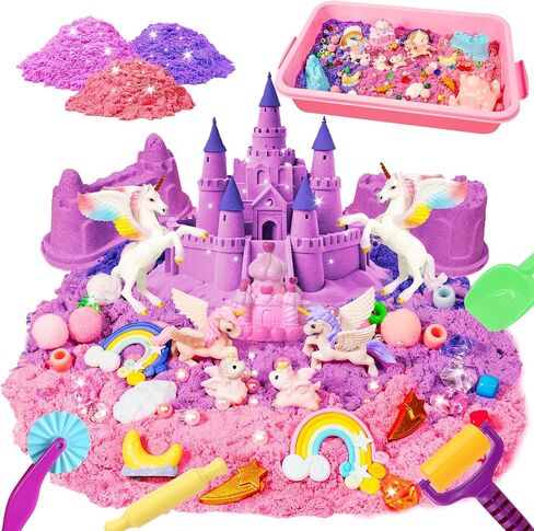 Bbiamsleep Unicorn Sensory Bin, 493 Pcs Unicorn Sand Kit with Sandbox 3.3 lbs Color Sensory Sand 6 Castle Mould 9 Tools for Birthday Party in Kuwait