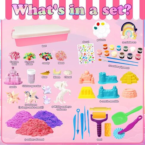 Bbiamsleep Unicorn Sensory Bin, 493 Pcs Unicorn Sand Kit with Sandbox 3.3 lbs Color Sensory Sand 6 Castle Mould 9 Tools for Birthday Party in Kuwait