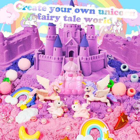 Bbiamsleep Unicorn Sensory Bin, 493 Pcs Unicorn Sand Kit with Sandbox 3.3 lbs Color Sensory Sand 6 Castle Mould 9 Tools for Birthday Party in Kuwait
