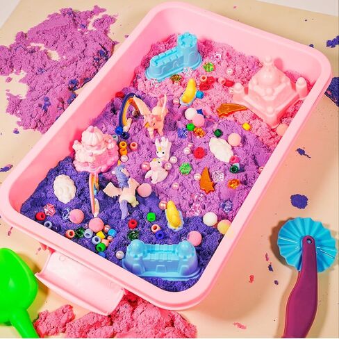 Bbiamsleep Unicorn Sensory Bin, 493 Pcs Unicorn Sand Kit with Sandbox 3.3 lbs Color Sensory Sand 6 Castle Mould 9 Tools for Birthday Party in Kuwait