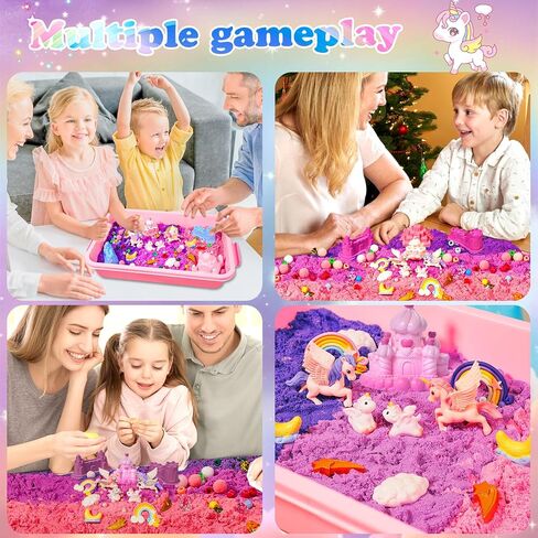 Bbiamsleep Unicorn Sensory Bin, 493 Pcs Unicorn Sand Kit with Sandbox 3.3 lbs Color Sensory Sand 6 Castle Mould 9 Tools for Birthday Party in Kuwait