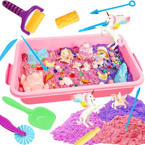 Bbiamsleep Unicorn Sensory Bin, 493 Pcs Unicorn Sand Kit with Sandbox 3.3 lbs Color Sensory Sand 6 Castle Mould 9 Tools for Birthday Party in Kuwait