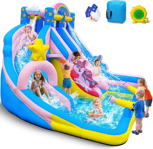Culaluva Inflatable Water Slide: 5 in 1 Crocodile Blow up Bounce House for Kids - Splash Pool Cannon Climbing Wall Basketball Rim 480W Blower - for Backyard Outdoor Birthday Party in Saudi Arabia
