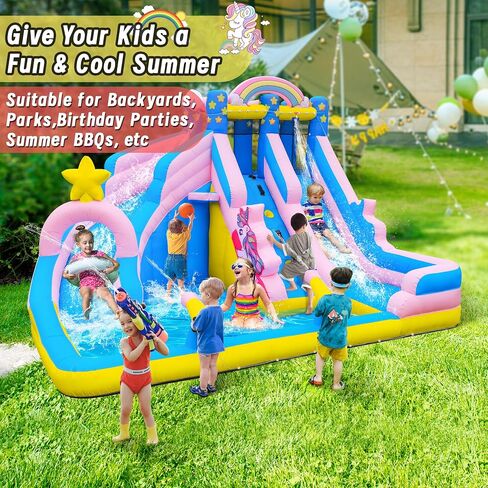 Culaluva Inflatable Water Slide: 5 in 1 Crocodile Blow up Bounce House for Kids - Splash Pool Cannon Climbing Wall Basketball Rim 480W Blower - for Backyard Outdoor Birthday Party in Saudi Arabia