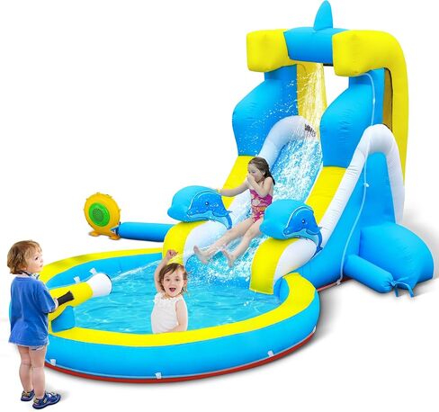 شريحة ماء قابلة للنفخ في Culaluva: 5 في 1 تمساح تفجير منزل ترتد للأطفال - حمام سباحة سبركش تسلق كرة السلة حافة 480 واط - لحفلة عيد ميلاد في الهواء الطلق في الفناء الخلفي in Kuwait