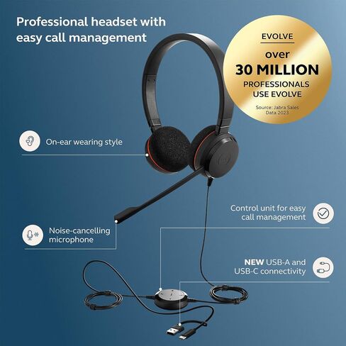 Jabra Evolve 20 Wired Headset (2025 Edition) - سماعة رأس مزدوجة الأذن للمكتب والعمل من المنزل - التحكم في المكالمات - معتمدة لفرق MS - USB -C/A Connectivity - Black in Saudi Arabia