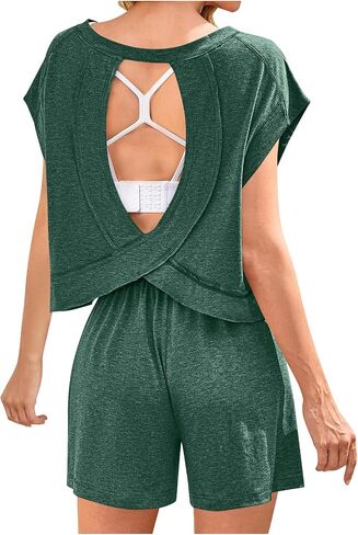 شورتات مجموعات النساء 2 قطعة مفتوحة الظهر Crewneck كاب غلاف قمم الرباط السراويل القصيرة صالة المطابقة الرياضية in Saudi Arabia
