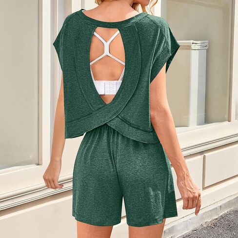 شورتات مجموعات النساء 2 قطعة مفتوحة الظهر Crewneck كاب غلاف قمم الرباط السراويل القصيرة صالة المطابقة الرياضية in Saudi Arabia