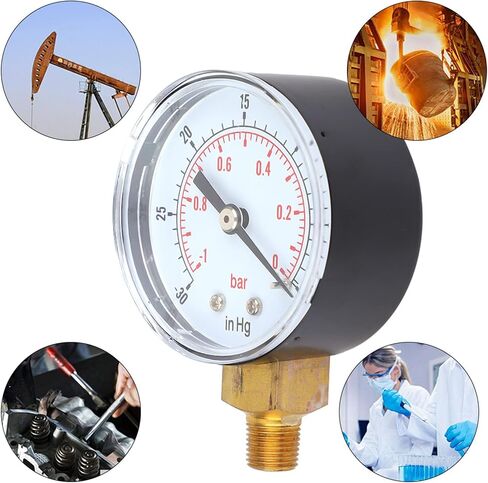 EVGATSAUTO 1/8 BSPT Brass Vacuum, Bottom Connection, Clear Dial with -1-0Bar -30-0inHg Range, for Water, Oil, Air or Gas, Transparent Cover in Saudi Arabia