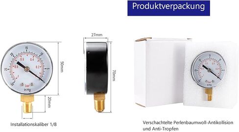 EVGATSAUTO 1/8 BSPT Brass Vacuum, Bottom Connection, Clear Dial with -1-0Bar -30-0inHg Range, for Water, Oil, Air or Gas, Transparent Cover in Saudi Arabia