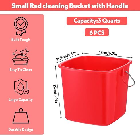 6 PCS 3 Quart Cleaning Ducket Small Amplizing Square Bucket Pail for Home Restaurant Restaurant Office School (Red) in Saudi Arabia