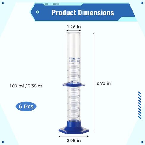 6 Pcs Thick Glass Graduated Cylinder, 100ml Measuring Cylinder with Base and Movable Marker, Lab Test Measuring Glassware for Home and School Science in Saudi Arabia