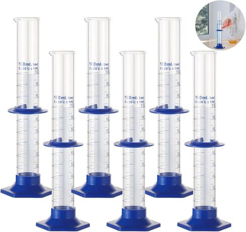 6 Pcs Thick Glass Graduated Cylinder, 100ml Measuring Cylinder with Base and Movable Marker, Lab Test Measuring Glassware for Home and School Science in Saudi Arabia