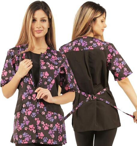 Ladybird Line 725 Pink and Purple Paw Print Dog Grooming Smocks for Women - Waterproof Pet Groomers Jacket with Zipper Panel and Back Tie - Hair Repellent Clothes for Dog Groomer (Medium) in Kuwait