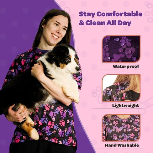 Ladybird Line 725 Pink and Purple Paw Print Dog Grooming Smocks for Women - Waterproof Pet Groomers Jacket with Zipper Panel and Back Tie - Hair Repellent Clothes for Dog Groomer (Medium) in Kuwait