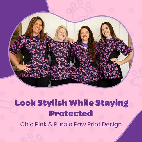 Ladybird Line 725 Pink and Purple Paw Print Dog Grooming Smocks for Women - Waterproof Pet Groomers Jacket with Zipper Panel and Back Tie - Hair Repellent Clothes for Dog Groomer (Medium) in Kuwait