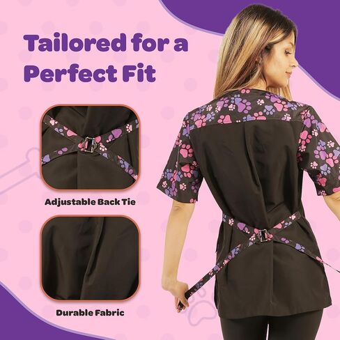 Ladybird Line 725 Pink and Purple Paw Print Dog Grooming Smocks for Women - Waterproof Pet Groomers Jacket with Zipper Panel and Back Tie - Hair Repellent Clothes for Dog Groomer (Medium) in Kuwait