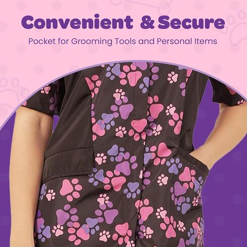 Ladybird Line 725 Pink and Purple Paw Print Dog Grooming Smocks for Women - Waterproof Pet Groomers Jacket with Zipper Panel and Back Tie - Hair Repellent Clothes for Dog Groomer (Medium) in Kuwait