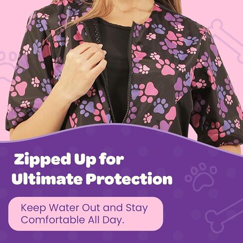 Ladybird Line 725 Pink and Purple Paw Print Dog Grooming Smocks for Women - Waterproof Pet Groomers Jacket with Zipper Panel and Back Tie - Hair Repellent Clothes for Dog Groomer (Medium) in Kuwait