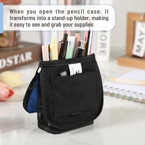 Mr. Pen- Cute Pencil Case Pouch, Sit & Lay Mesh-View Design, Black & Gray, Interior Pocket & 2 Elastic Binder Loops, Standing Pencil Case for Girls and Boys in Kuwait