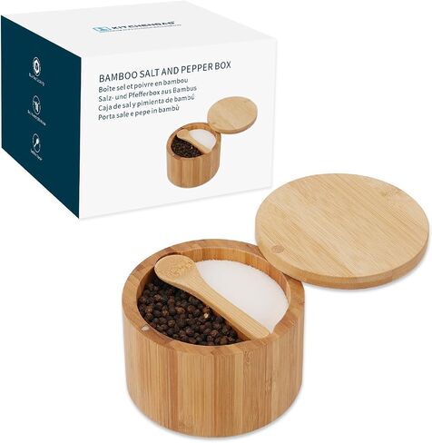 KITCHENDAO Acacia Wood Salt and Pepper Bowl Box, Built-in Spoon, Two Compartments Spice Seasoning Container, Sea Salt Cellar Holder, Magnetic Swivel Lid, Dual 5oz Capacity in Saudi Arabia